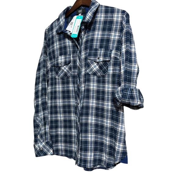 NWT KUT From the Kloth Blue and White Boylen Relaxed Snap Front Woven Top Small - Picture 3 of 10